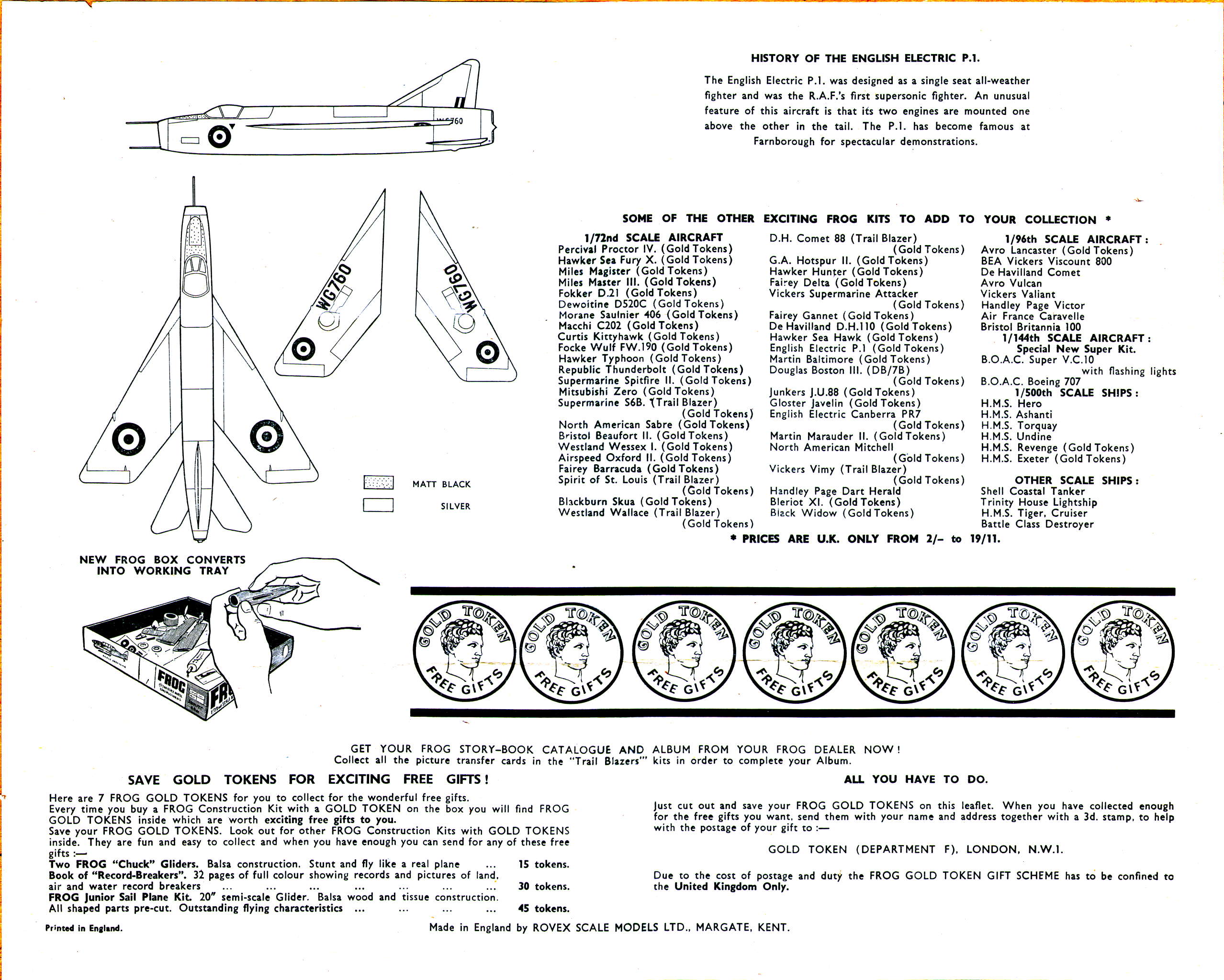FROG F332 English Electric P.1, with Gold Tokens, International Model Aircraft Limited, 1965, painting scheme